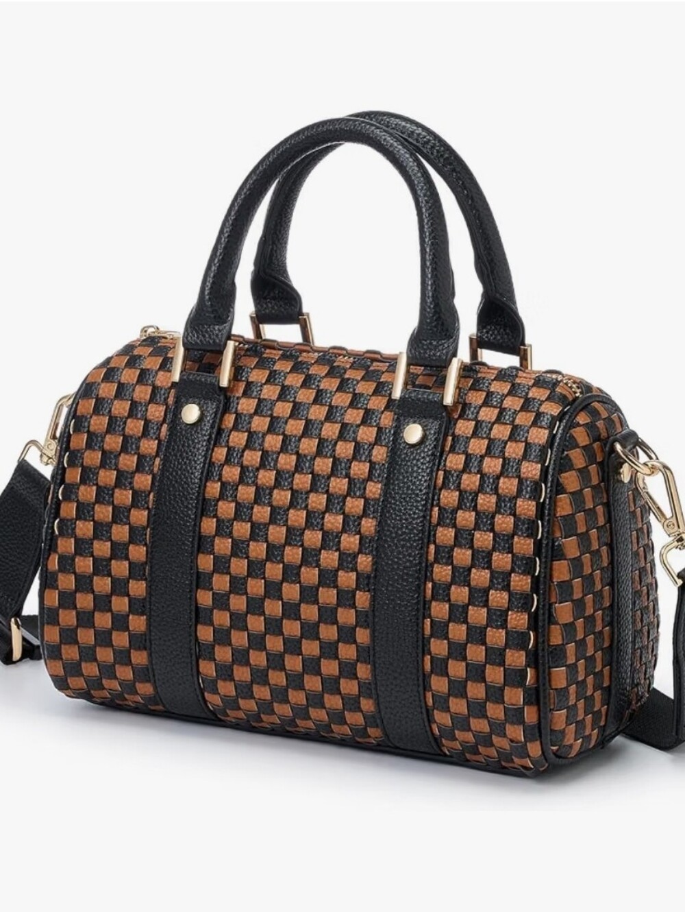 Black & Brown Vegan Leather Woven Satchel Bag - Women's Fashion Handbag